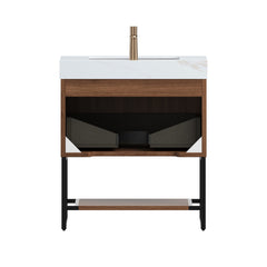 YOLAN 30" Bathroom Vanity&Sink, Freestanding Striped Plywood Storage Cabinet with Drawer&Open Shelf, Calacatta Gold Sintered Stone Top&Undermount Ceramic Basin, Pre-assembled, Dark Walnut Woodgrain