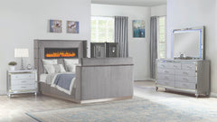 Lavish Modern Style 4 Pc Queen Bedroom Set Made with Fireplace in Headboard & TV stand in Footboard with Wood in Grey(CA INVENTORY)