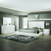 Manhattan Queen 4-Piece Bedroom Set – Modern Design with Lacquer Finish, Geometric Accents, and LED Lighting (CA Inventory)