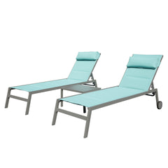 Outdoor Patio Chaise Lounge Set of 3, Aluminum Pool Lounge Chairs with and Wheels, Textilene Padded Adjustable Recliner All Weather for Poolside, Beach, Yard, Balcony (Lake Blue)