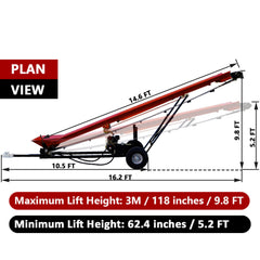 12-Inch Width PVC Belt Firewood Conveyor, 6.5HP 208cc Engine, 118 Inch / 9.8 FT. Max Height, Gasoline Powered Wood Conveyor Lifter Elevator, Red-Black Color