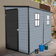 4x8ft Outdoor Resin Garden Shed with Floor and 2 Windows, Plastic Patio Outdoor Storage Shed with Lockable Door for Garden Tools, Bicycles, Trash Cans, Gray+Black(W2556S00008)