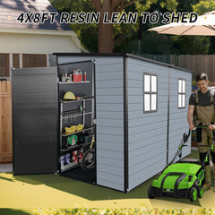 4x8ft Outdoor Resin Garden Shed with Floor and 2 Windows, Plastic Patio Outdoor Storage Shed with Lockable Door for Garden Tools, Bicycles, Trash Cans, Gray+Black(W2556S00008)