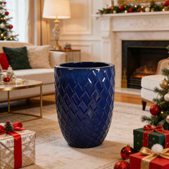 Handmade Ceramic Planter Pot, 17 Inch Diameter, 1 Piece, Navy Blue with Diamond Pattern, for Monstera Deliciosa and Fiddle Leaf Fig, Indoor/Outdoor Doorway Use, Breathable Clay