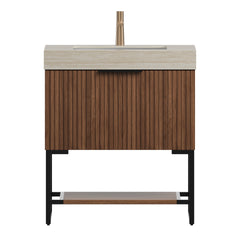 YOLAN 30" Bathroom Vanity&Sink, Freestanding Striped Plywood Storage Cabinet with Drawer&Open Shelf, Roma Travertine Sintered Stone Top&Undermount Ceramic Basin, Pre-assembled, Dark Walnut Woodgrain