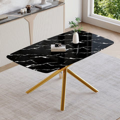 63"x35.4" Luxurious Black Marble-Patterned Tempered Glass Dining Table.Single Fork Golden Metal Table Legs.Tempered Glass Table Top,Golden Metal Leg.Adaptable To Various Decoration Styles.W1151S03298