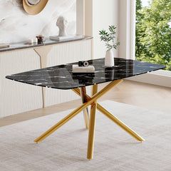 63"x35.4" Luxurious Black Marble-Patterned Tempered Glass Dining Table.Single Fork Golden Metal Table Legs.Tempered Glass Table Top,Golden Metal Leg.Adaptable To Various Decoration Styles.W1151S03298