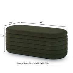 Modern Oval Storage Ottoman Bench, Upholstered Boucle Teddy Fabric End of Bed Bench with Storage, End of Bed Stool with Safety Hinge for Bedroom, Living Room, Entryway, Dark Green