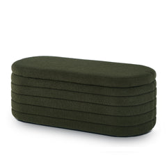 Modern Oval Storage Ottoman Bench, Upholstered Boucle Teddy Fabric End of Bed Bench with Storage, End of Bed Stool with Safety Hinge for Bedroom, Living Room, Entryway, Dark Green
