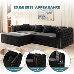 90.6" 3-in-1 Convertible Sleeper Sofa,Elegant Modern Couch with Button Tufted and Gold Edge Trim,3-Seater Couch with Movable Ottoman for Living Room,Apartment,Office,Bedroom,Black