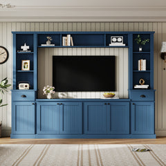 Minimalist Entertainment Wall Unit Set with Bridge for TVs Up to 75'', Ample Storage Space TV Stand with Adjustable Shelves, Modernist Large Media Console for Living Room, Blue
