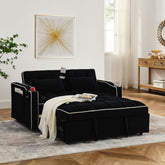 55.51 inch versatile foldable sofa bed in 3 lengths, modern sofa sofa sofa velvet pull-out bed, adjustable back and with USB port and ashtray and swivel phone stand (Black)