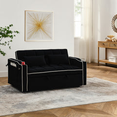 55.51 inch versatile foldable sofa bed in 3 lengths, modern sofa sofa sofa velvet pull-out bed, adjustable back and with USB port and ashtray and swivel phone stand (Black)
