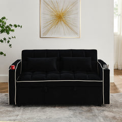 55.51 inch versatile foldable sofa bed in 3 lengths, modern sofa sofa sofa velvet pull-out bed, adjustable back and with USB port and ashtray and swivel phone stand (Black)