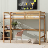 Twin High Loft Bed, Rubber Wood Loft Bed with Safety Guardrail, built-in desk, ladder,White Oak