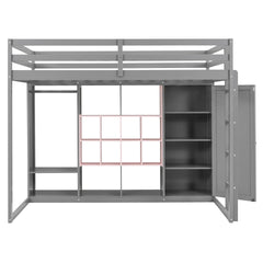 Full Size Wood Loft Bed with Wardrobe, shelves and Cabinet, Gray+Pink
