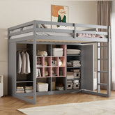 Full Size Wood Loft Bed with Wardrobe, shelves and Cabinet, Gray+Pink