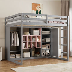 Full Size Wood Loft Bed with Wardrobe, shelves and Cabinet, Gray+Pink