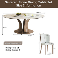 59" Round Dining Table with Rotating Lazy Susan & Heat-Resistant Sintered Stone Top for Dining Room, Kitchen(4 chairs)