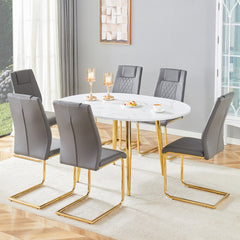 Table and chair set.Extendable MDF Dining Table.The pull-out table is ideal for a wide range of families,suitable for gatherings of different size.Paired with 6 Dark Gray Chairs With Gold Metal Legs.