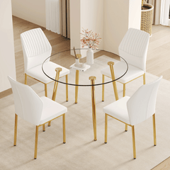 Table and chair set.39.7 Inch Diameter Modern Luxury Glass Dining Table and Chair Set - Gold Metal Legs.Paired With 4 WHITE PU Material High Resilience Dining Chair with Metal Gold Leg.W1151S03708