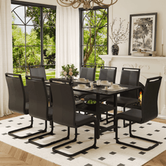 Table and chair set.71*35.4 inch Black Grain Spliced Dining Table With Storage Function In The Middle Of The Table Legs.Paired with 8 Black PU Chairs With C-tube Black Metal Chair Legs.