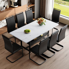 Table and chair set.71*35.4 inch White Grain Spliced Dining Table With Storage Function In The Middle Of The Table Legs.Paired with 8 Black PU Chairs With C-tube Black Metal Chair Legs.