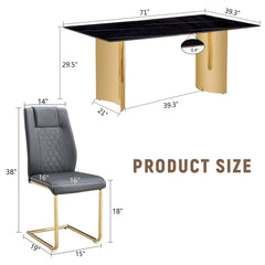 Table and chair set.The table has a glass tabletop with imitation marble pattern stickers and stainless steel golden legs. Paried with 6 comfortable chairs with PU seats and metal legs.W1151S01515