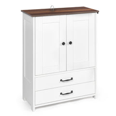 Dog feeding station, double door locker with 2 adjustable dog bowls, 3 hooks on right side, white