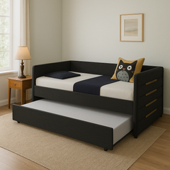 MODERN TWIN SIZE DAYBED WITH TRUNDLE, UPHOLSTERED BLACK VELVET SOFA BED FRAME WITH GOLD ACCENTS, SPACE-SAVING GUEST BED FOR BEDROOM OR LIVING ROOM(OLD SKU:W1867S00004)