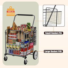 Bigger Super Jumbo Shopping Cart with Brake,Grocery Cart on Wheels, Foldable Utility Shopping Carts with Double Basket and 360° Rolling Swivel Wheels for Groceries Laundry,Grey