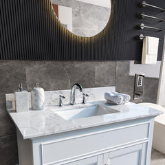 Montary 37inch bathroom vanity top stone carrara white new style tops with rectangle undermount ceramic sink and back splash with 3 faucet hole for bathrom cabinet