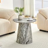 Grey textured medium density fiberboard circular coffee table - diameter 19.6 inches, height 18.8 inches Grey textured veneer, delicate texture, flexible adaptation to circular tabletop.