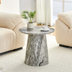 Grey textured medium density fiberboard circular coffee table - diameter 19.6 inches, height 18.8 inches Grey textured veneer, delicate texture, flexible adaptation to circular tabletop.