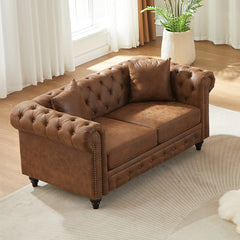 FX 63.5" Contemporary Design chesterfield sofa, Tech Fabric Button Design Living Room Sectional, Button Tufted with Nail Design Arms with 2 Pillows, Upholstered Upholstery and Wooden Legs