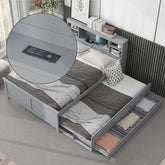 Full Size Platform Bed with Storage Headboard, USB, Twin Size Trundle and 3 Drawers, Gray