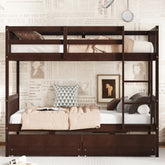 Twin Over Twin Rubber Wood Bunk Bed with 2 Drawers, Convertible into 2 Twin Beds, Twin Size Bunk Bed with Ladder and Safety Guardrails,Espresso