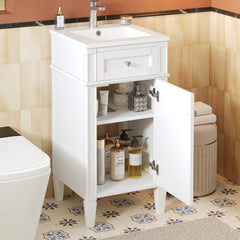16-inch Bathroom Vanity with Ceramic Sink, Freestanding Single Vanity Set with Soft Closing Door, Adjustable Shelf, French Style, Solid Feet, White