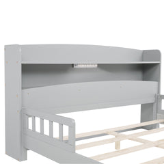 Full Pine Wood Bed with Bookcase Headboard ,LED Motion Sensor Light, Bed Guardrails,Grey