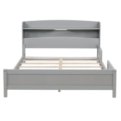 Full Pine Wood Bed with Bookcase Headboard ,LED Motion Sensor Light, Bed Guardrails,Grey
