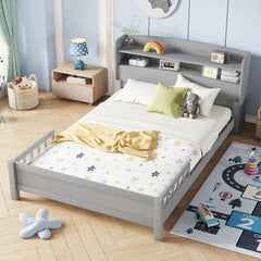 Full Pine Wood Bed with Bookcase Headboard ,LED Motion Sensor Light, Bed Guardrails,Grey