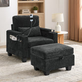 Single sofa recliner with manually adjustable backrest, USB charging port on the armrest side, phone stand included, hidden armrest storage, and a matching storage ottoman-Black