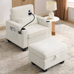Single sofa recliner with manually adjustable backrest, USB charging port on the armrest side, phone stand included, hidden armrest storage, and a matching storage ottoman-Beige