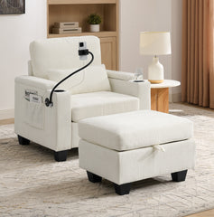 Single sofa recliner with manually adjustable backrest, USB charging port on the armrest side, phone stand included, hidden armrest storage, and a matching storage ottoman-Beige