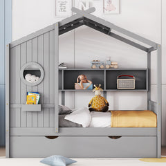Wooden Full Size House Bed With Trundle, Modern Design for Kids with Storage Shlef, Gray(old SKU HL000095AAE)