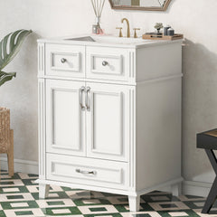 24'' Bathroom Vanity with Ceramic Sink,Solid Wood Frame Bathroom Storage Cabinet with Soft Closing Doors,Retro Style, White