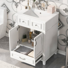 24'' Bathroom Vanity with Ceramic Sink,Solid Wood Frame Bathroom Storage Cabinet with Soft Closing Doors,Retro Style, White