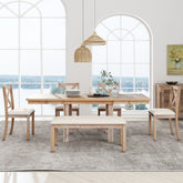 TOPMAX Farmhouse 82inch 6-Piece Extendable Dining Table with Footrest, 4 Upholstered Dining Chairs and Dining Bench, Two 11"Removable Leaf, Natural+Beige Cushion (old sku: SP000023AAN)
