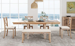 TOPMAX Farmhouse 82inch 6-Piece Extendable Dining Table with Footrest, 4 Upholstered Dining Chairs and Dining Bench, Two 11"Removable Leaf, Natural+Beige Cushion (old sku: SP000023AAN)