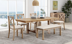 TOPMAX Farmhouse 82inch 6-Piece Extendable Dining Table with Footrest, 4 Upholstered Dining Chairs and Dining Bench, Two 11"Removable Leaf, Natural+Beige Cushion (old sku: SP000023AAN)